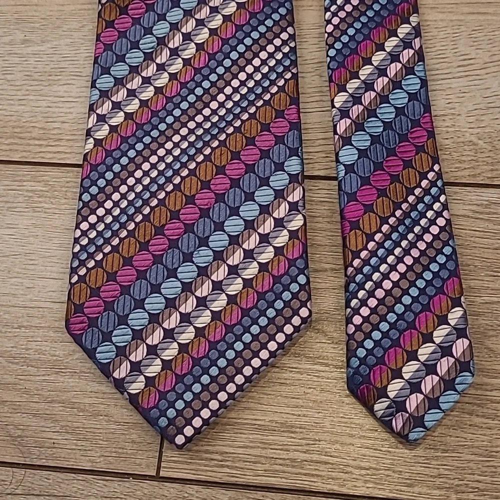 DUCHAMP‎ London Metallic Multicolor Dots Circles Striped Pattern Silk Tie RARE